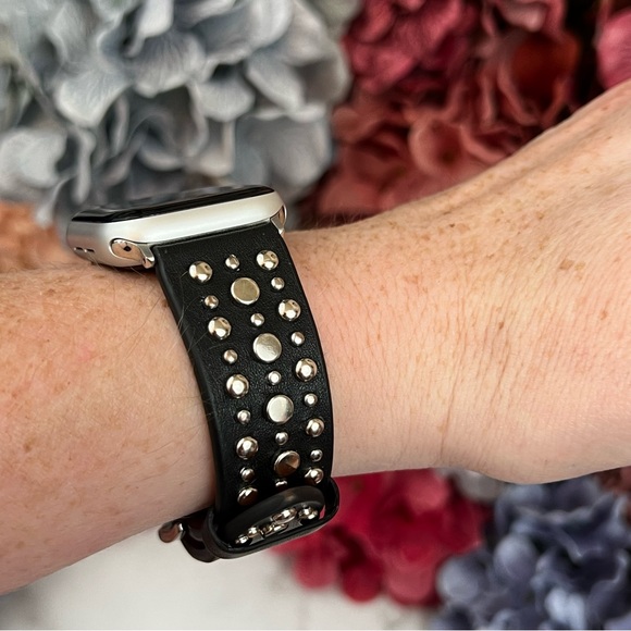 Black Studded Leather Punk Rock Apple Watchband - Picture 6 of 16